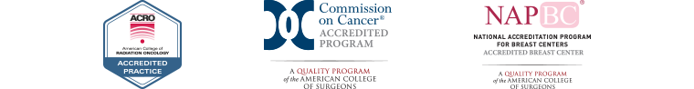 Badges for ACRO accredited practice, Commission on Cancer accredited program and NAP accredited breast center 