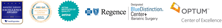 A banner of bariatric awards from Healthgrades, MBS QIP Accredited Center, Aetna, Regence, BlueDistinction Center+, and Optum