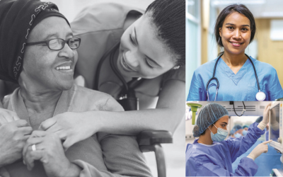 Collage of various medical professionals in hospital setting.