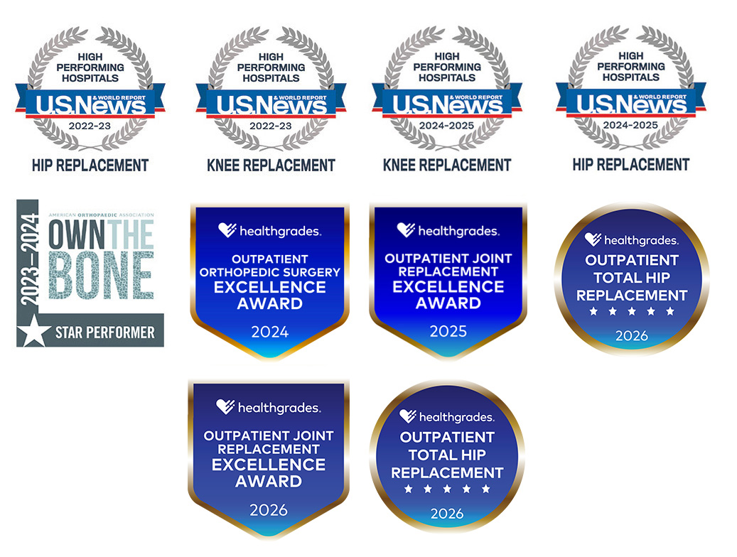 Graphic displaying multiple Orthopedic awards earned by Overlake, including badges from U.S. News & World Report, Healthgrades, and the American Orthopaedic Association.