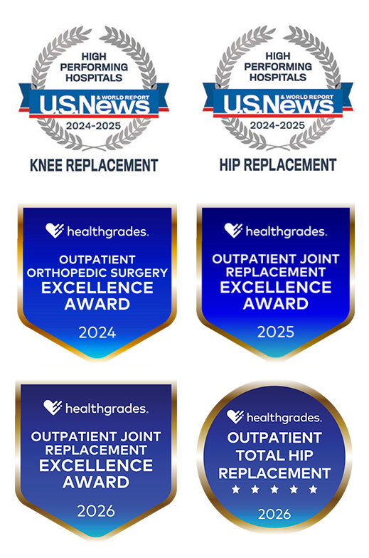 Graphic of multiple award badges from U.S. News and Healthgrades for orthopedics
