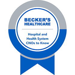 Becker's Healthcare Hospital and Health System CNOs to Know award badge in blue text