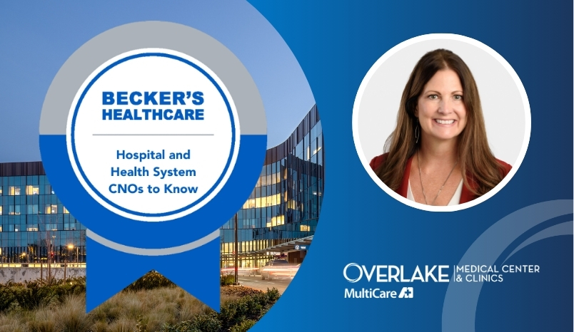 Graphic of Becker's Healthcare CNOs to Know awards badge in a circle and headshot of Overlake CNO Michelle Curry in a circle against a backdrop of an Overlake Medical Center building and logo.