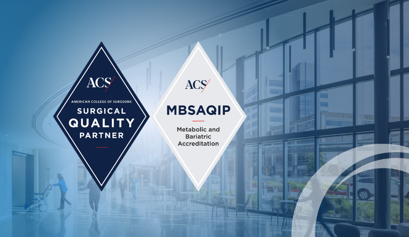 ACS and MBSAQIP logo lockup - two diamond logos against a background of Overlake lobby overlayed in blue with an Overlake white logo icon in the lower right corner