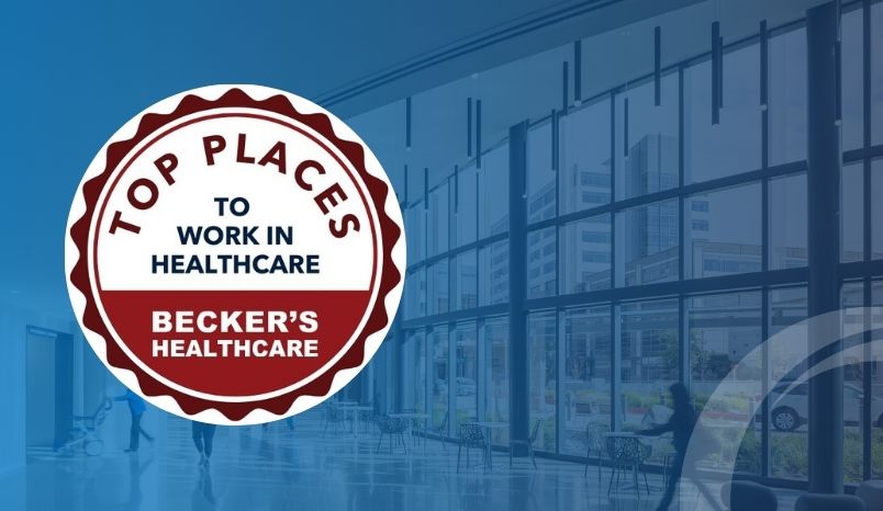 Graphic with Top Places to Work in Healthcare Becker's Healthcare Award Badge on blue background