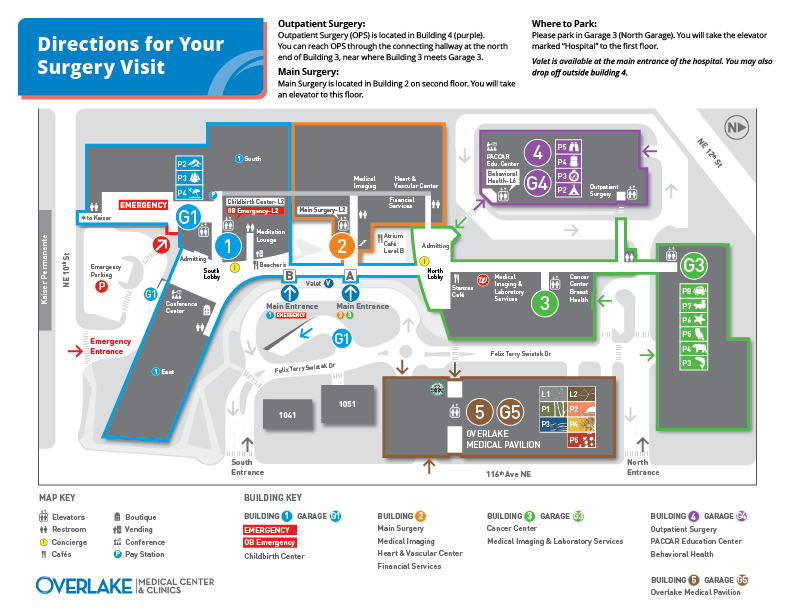 Infographic map of Overlake Campus with Directions for Your Surgery Visit
