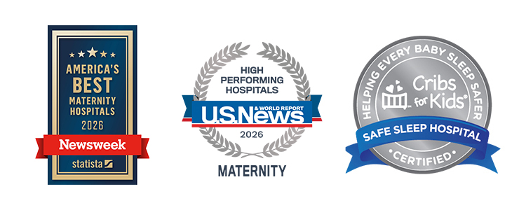 Maternity Award badges from Newsweek, US News and Safe Sleep Hospital