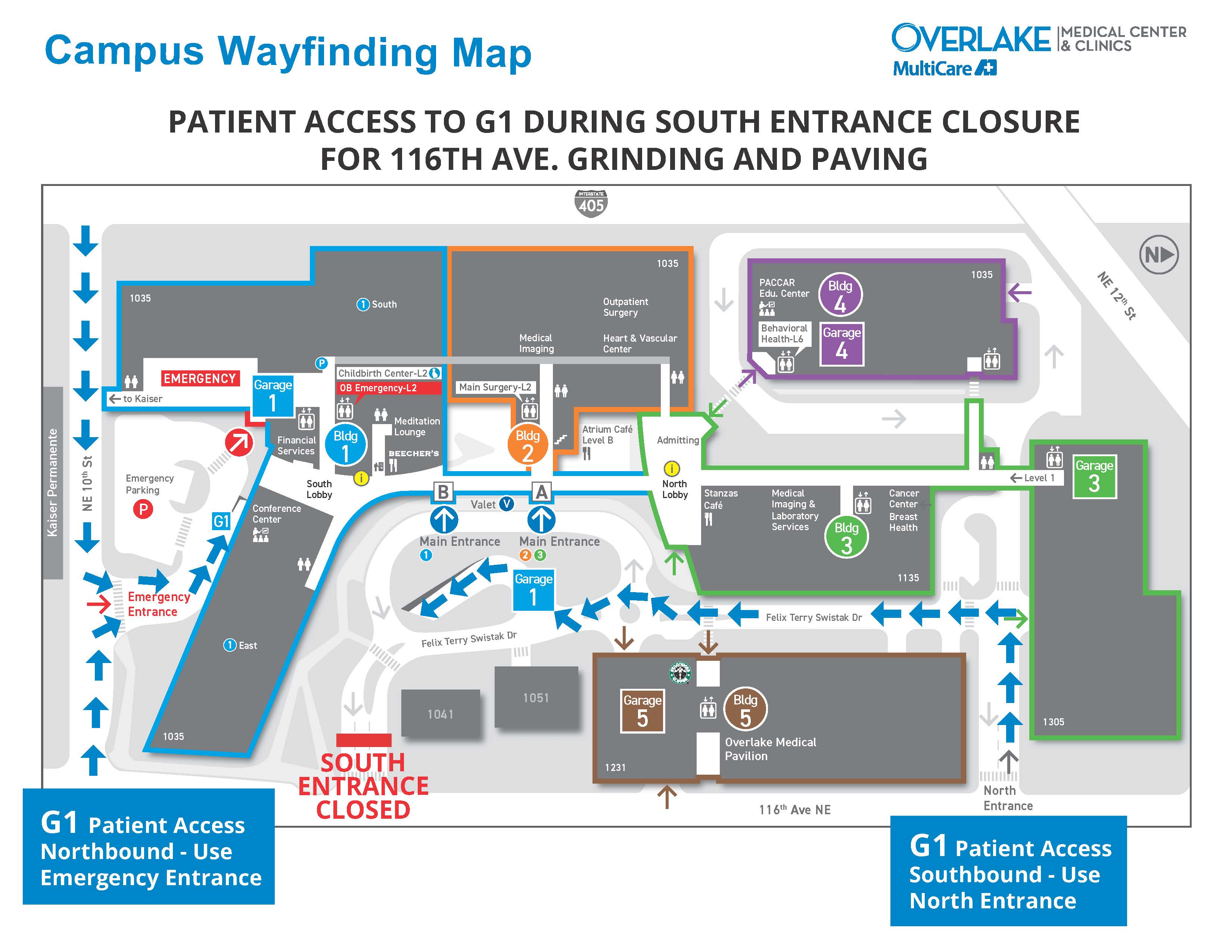 Overlake Medical Center campus map showing patient access to Garage 1 (G1) during south entrance closure for 116th Ave grinding and paving