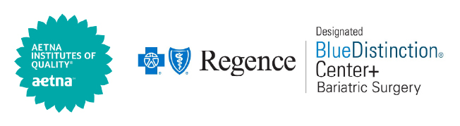 Logos for Aetna Institutes of Quality, Regence, and Designated Blue Distinction Center+ Bariatric Surgery