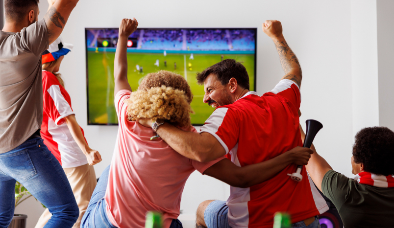 Fans celebrate during soccer match.