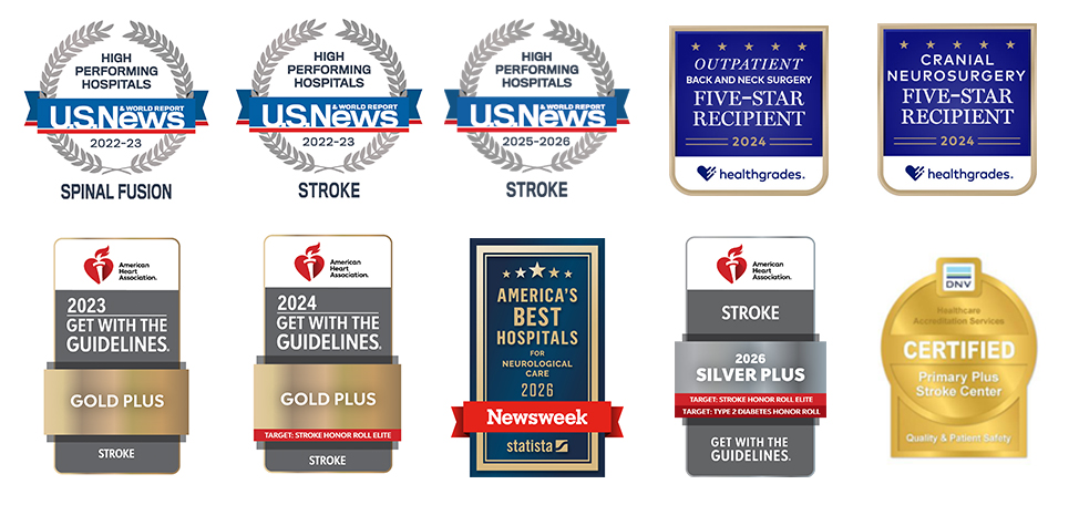 Graphic showing a collection of healthcare achievement badges associated with a neurosciences service line, including recognitions from U.S. News, Healthgrades, the American Heart Association, and Newsweek.