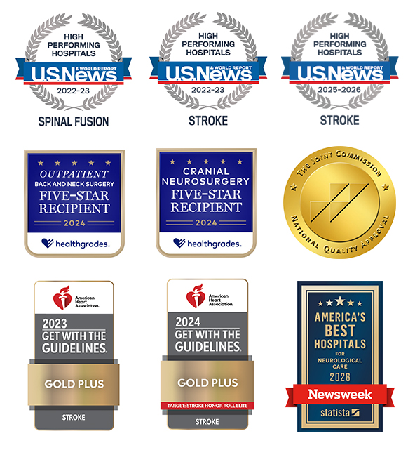 Graphic showing a collection of healthcare achievement badges associated with a neurosciences service line, including recognitions from U.S. News, Healthgrades, The Joint Commission, the American Heart Association, and Newsweek.