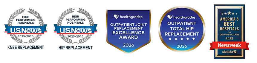 Graphic showing a collection of orthopedic care achievement badges, including recognitions from U.S. News, Healthgrades, and Newsweek.