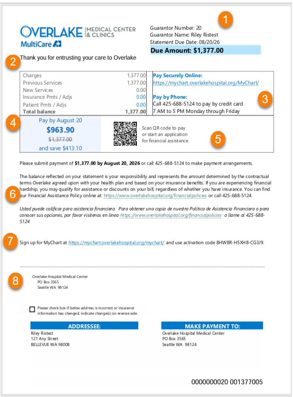 Billing statement overview with numbered callouts 1 through 8 identifying the guarantor summary, account summary, payment options, prompt pay discount, QR code, notifications, MyChart signup information, and payment coupon. See accompanying text for details.