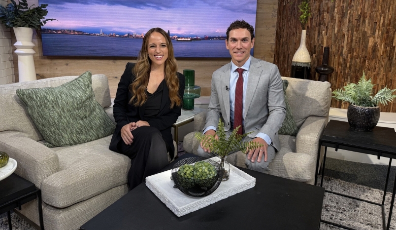 Seen on King 5 New Day NW: Overlake's Cancer Center MD Speaks on Supportive Care & Survivorship Services sitting in chair next to Kelly the host