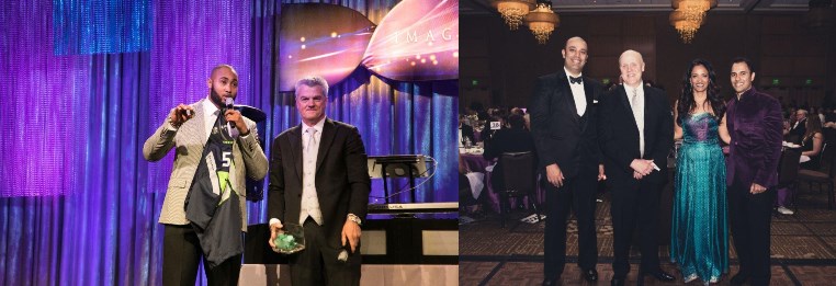 Photo left: Seahawks linebacker K.J. Wright and auctioneer Mark Schenfeld Photo right: Dr. Abhineet (Minku) Chowdhary, Overlake CEO J. Michael Marsh and co-chairs Drs. Raj and Mona Butani