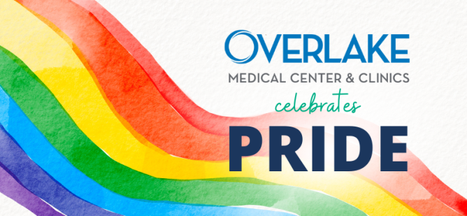 Pride rainbow and Overlake logo.