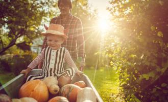 An adult with a child in a wheelbarrow also holding fall fruits and vegetables