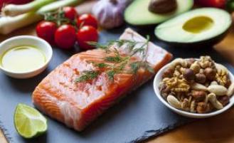 A slab of fresh salmon, assorted nuts and other healthy food options