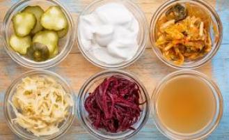 Six small bowls holding apple cider vinegar and some probiotic foods: pickled cucumbers, yogurt, kim chee, sauerkraut, and pickled beets.