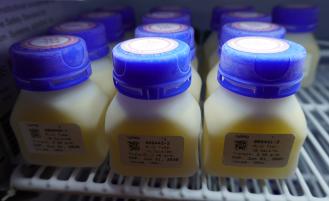 Photo shows donated human milk for Overlake's milk distribution site at the Overlake Mom and Baby Care Center.