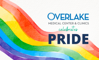 Pride rainbow and Overlake logo.