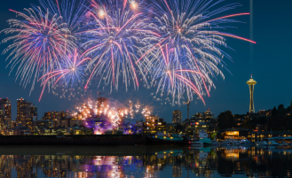 Seattle skyline with fireworks