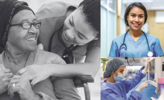Collage of various medical professionals in hospital setting.
