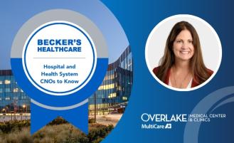 Graphic of Becker's Healthcare CNOs to Know awards badge in a circle and headshot of Overlake CNO Michelle Curry in a circle against a backdrop of an Overlake Medical Center building and logo.