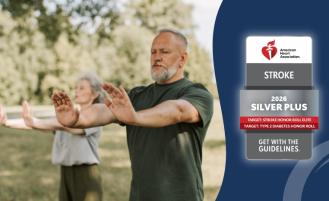 AHA Get with the Guidelines Silver Plus Stroke 2026 emblem alongside photo of couple outstretching their hands, side by side, in a park