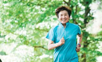 happy woman in blue top running