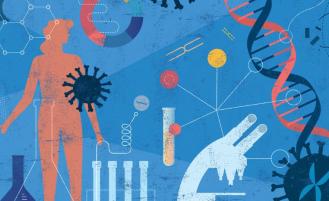 Collage containing DNA, microscope, test tubes and outlined person.